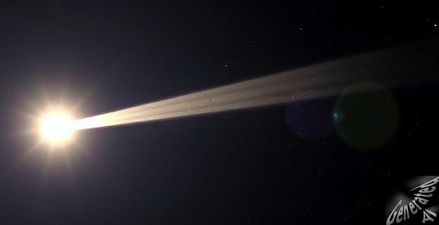 Un cometa brillante con una cola larga y brillante se acerca al Sol, con un fondo estrellado oscuro.