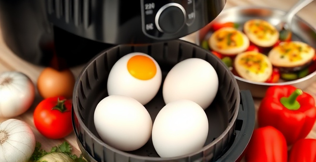 Una freidora de aire con huevos dentro, rodeada de ingredientes frescos como cebolla, berenjena y pimiento rojo, con una sartén al fondo con verduras sofreídas y una fuente con huevos rellenos gratinados