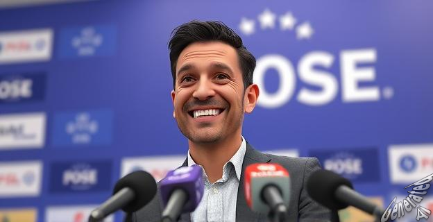 Un hombre sonriendo en una rueda de prensa con un logotipo del PSOE al fondo