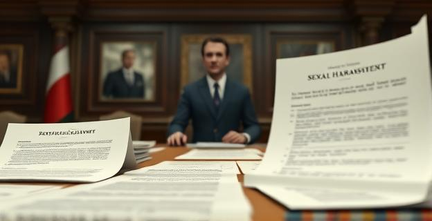 Escena de una sede de partido político con documentos y testimonios de acoso sexual sobre una mesa, con una figura borrosa de un político masculino al fondo, en un ambiente tenso y de seriedad