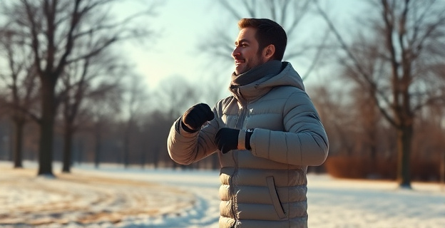 Una persona haciendo ejercicio al aire libre en un parque invernal, con ropa de abrigo y rodeada de árboles desnudos y un cielo despejado.
