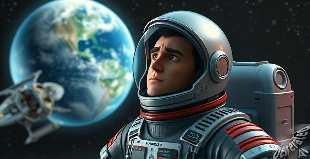 Una imagen de un astronauta en el espacio con una nave espacial dañada en el fondo, mirando hacia la Tierra con una expresión seria y reflexiva.