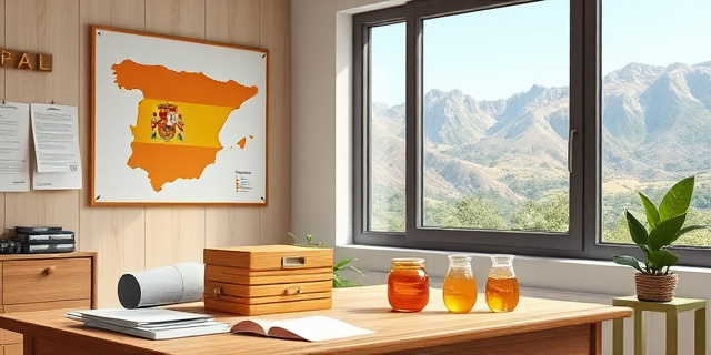 Una mesa de despacho municipal con papeles y un mapa de España en la pared, una ventana que deja ver montañas. Sobre la mesa, una colmena de abejas y una caja de miel simbolizan la apicultura. La escena combina formalidad y naturaleza sin rostros ni textos.