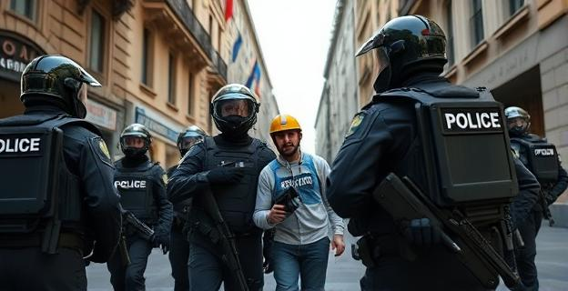 Imagen de una operación policial conjunta entre Ecuador y España, con agentes en uniforme y equipo antidisturbios en un operativo de captura de un criminal en un entorno urbano europeo