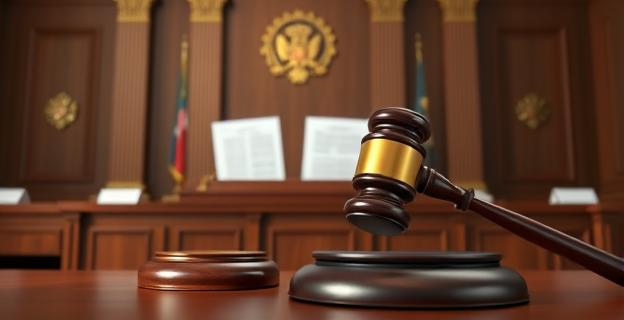 Imagen de un juzgado con un martillo de juez y documentos judiciales relacionados con casos de corrupción política