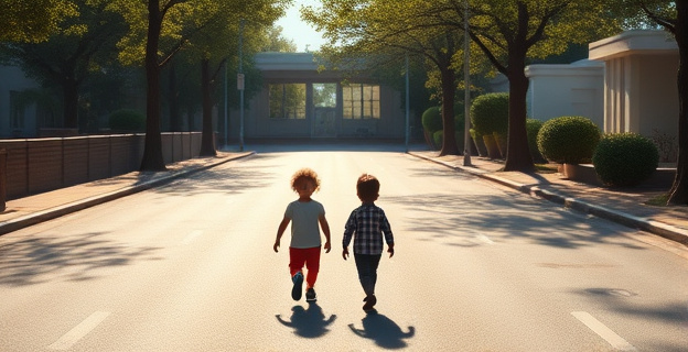 Una vista aérea de una carretera soleada con dos pequeñas siluetas de niños caminando solos, con una guardería visible a lo lejos, mostrando una sensación de vulnerabilidad en un entorno urbano.