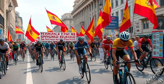 Imagen de manifestantes en Bilbao durante la Vuelta Ciclista a España con banderas y carteles, mientras los corredores pasan en el fondo.