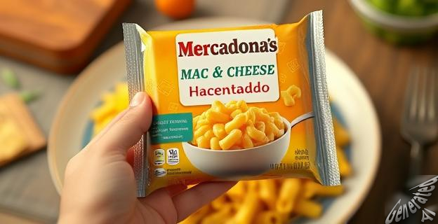 Una persona sosteniendo un sobre de Mac & Cheese Hacendado de Mercadona con un plato de pasta cremosa en el fondo