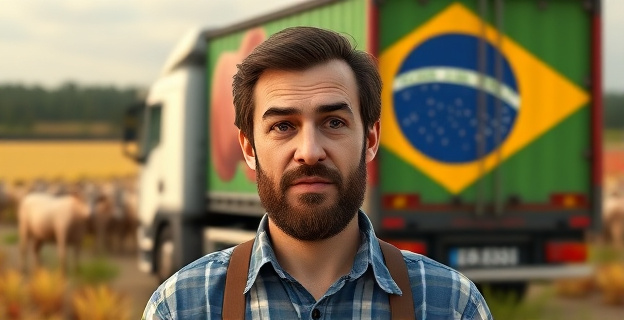 Imagen de un agricultor español preocupado frente a un camión de carne de vacuno con la bandera de Brasil, con un fondo de campos de cultivo y ganado en un contraste de colores que refleje la tensión entre la producción local y la importación masiva.
