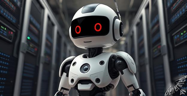 Un robot con capacidad de aprender y mejorar su propio rendimiento, con un fondo de servidores y cables