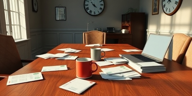 Una oficina de partido político con una mesa de madera, papeles desordenados, sobres de dinero, una taza de café vacía, una computadora portátil apagada, un reloj de pared en segundo plano, sombras que sugieren tensión, sin rostros visibles, estilo realista