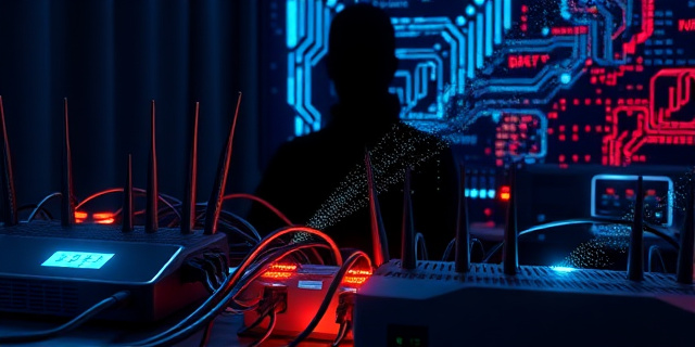 Un conjunto de routers domésticos conectados a la red, con cables entrelazados, luces parpadeantes y una sombra que emana datos digitales que se filtran hacia una silueta oscura que representa a un hacker, sin rostros reconocibles.
