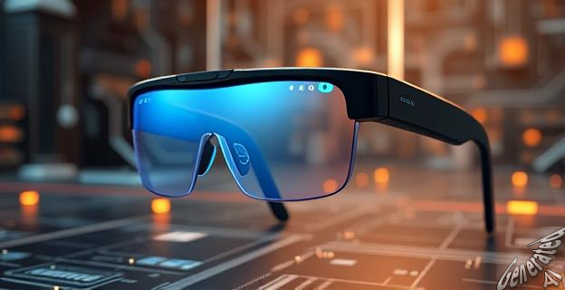 Ilustración de unas gafas inteligentes Rogbid VisionAI con detalles de diseño minimalista y tecnología integrada, sobre un fondo tecnológico.