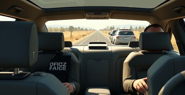 Un hombre y un expresidente en un vehículo oficial en una zona rural, con varios coches de escolta alrededor, en un entorno de máxima seguridad y sin cobertura móvil.