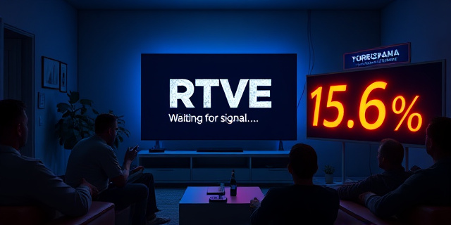
  Una pantalla de televisión gigante en un salón vacío, mostrando el logo de RTVE en un bucle infinito con el texto 