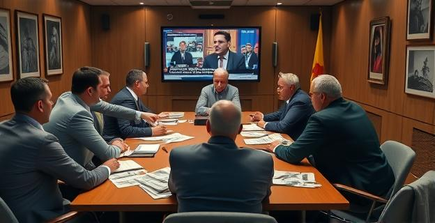 Una escena de tensión en una sala de reuniones del PSOE con miembros discutiendo alrededor de una mesa, con documentos y periódicos esparcidos, y una pantalla mostrando las noticias sobre la crisis interna