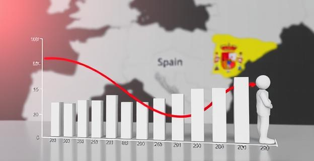 Imagen de un gráfico mostrando la disminución de fondos disponibles con un fondo de mapa de España y gráficos de barras representando las cifras de ejecución y devolución de fondos.