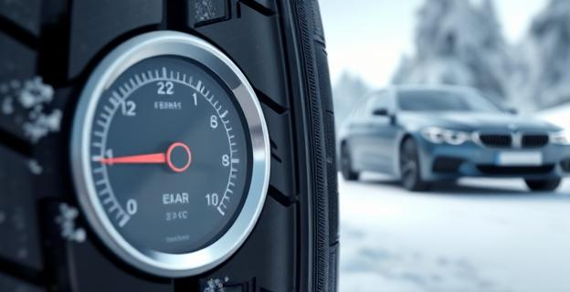 Imagen de un neumático de coche con un manómetro mostrando una presión de 2.2 bares junto a un termómetro mostrando una temperatura de -2 °C, con un coche en el fondo en un paisaje invernal