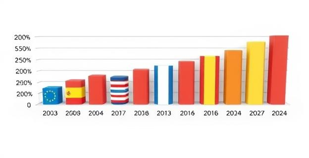 Gráfico comparativo de barras mostrando el crecimiento de la renta per cápita en diferentes países de la UE entre 2004 y 2024, con España en último lugar y Rumanía en primer lugar.