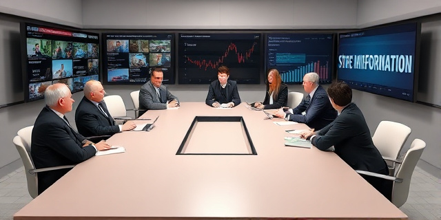 Una mesa de reunión con varios políticos y expertos en comunicación, rodeados de pantallas con noticias y gráficos, discutiendo sobre la estrategia para combatir la desinformación