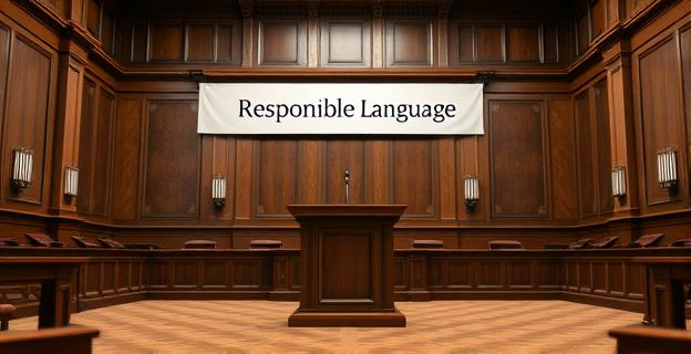 Imagen de una cámara legislativa vacía con un atril vacío y una pancarta que dice 