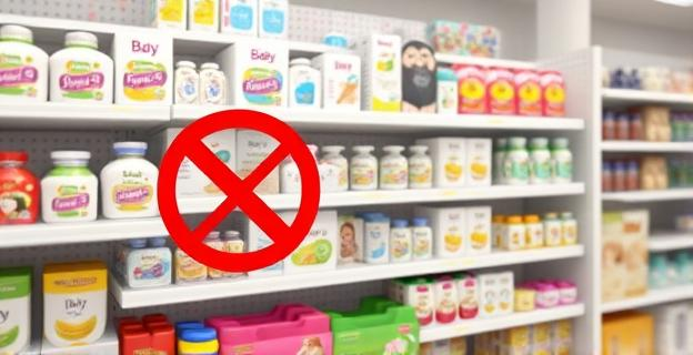 Imagen de una estantería llena de productos de bebé con una marca roja de 