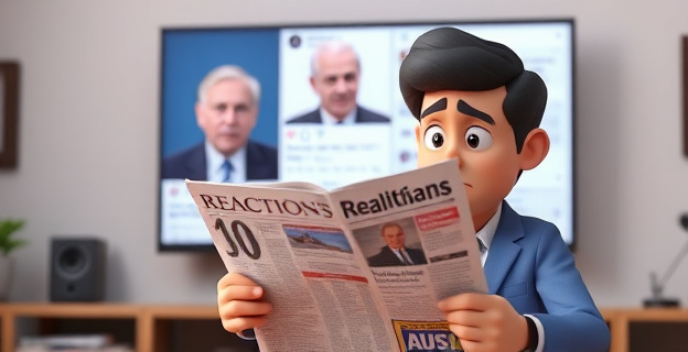Una escena que muestra a una persona leyendo un periódico con una expresión de confusión, mientras en una pantalla detrás aparecen las reacciones en redes sociales de políticos con expresiones de enojo o burla.