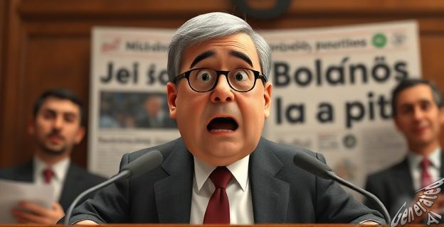 Un ministro de Justicia conmocionado en una rueda de prensa, con un titular de periódico que dice 