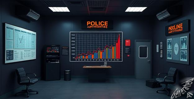 Una imagen de una comisaría de policía con un gráfico de estadísticas de criminalidad en la pared, con un ambiente de tensión y secretismo