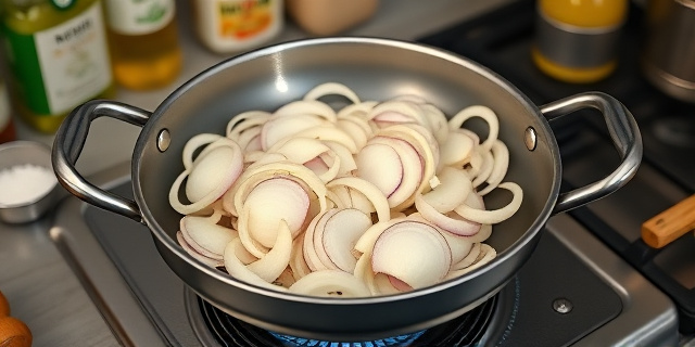 Una cazuela con cebolla cortada en juliana, sobre una estufa con llama baja, rodeada de ingredientes como aceite, sal, salsa perrins y vinagre de manzana.