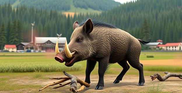 Imagen de un jabalí en un entorno urbano con un fondo de granjas y bosques, simbolizando el conflicto entre fauna silvestre y actividad humana