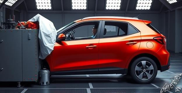 Un coche MG3 estrellándose en una prueba de choque de Euro NCAP con una imagen de un airbag desplegado y un maniquí en el asiento del conductor.