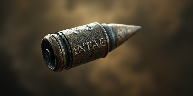 Una ilustración conceptual y cinematográfica de una bala de honda de plomo antigua, desgastada y oxidada, con letras latinas grabadas profundamente. La bala está suspendida en el aire sobre un fondo oscuro y dramático que sugiere un campo de batalla antiguo con humo y polvo. Estilo de fotografía macro con profundidad de campo muy corta, resaltando la textura del metal.