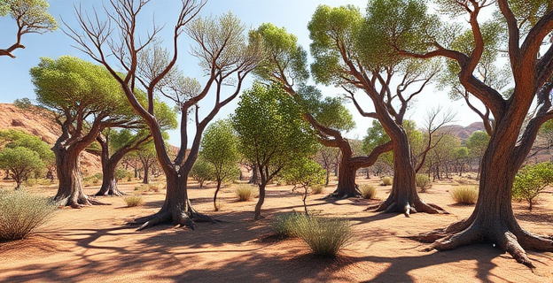 Imagen de un bosque con árboles de diferentes especies, algunos con hojas pequeñas y otros con raíces expuestas, en un entorno árido con cielo despejado y sol intenso