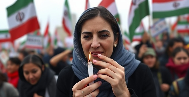 Imagen conceptual de una mujer iraní encendiendo un cigarrillo con la imagen del ayatolá Alí Jamenei en un contexto de protesta y represión, con un fondo de manifestaciones y pancartas.
