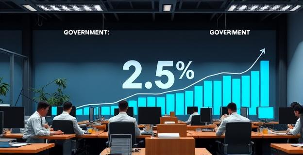 Oficina gubernamental con funcionarios trabajando, con un gráfico de barras mostrando un aumento del 2,5% en el fondo