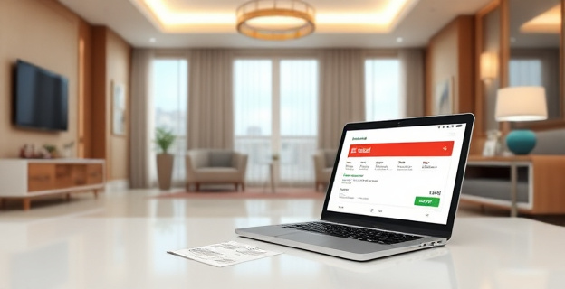 Una habitación de hotel de lujo vacía con una factura en la mesa y un ordenador portátil con una pantalla mostrando una transacción de pago fallida