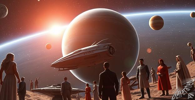 Una imagen de un planeta del sistema solar con una nave espacial y personas de diferentes razas y géneros en un entorno de ciencia ficción.