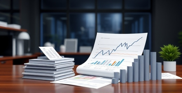 Oficina con documentos financieros y gráficos de pérdidas