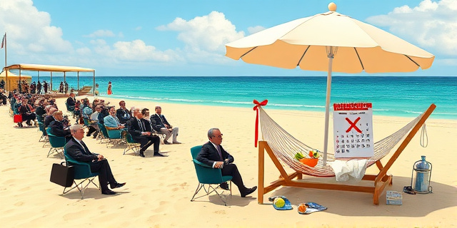 Una ilustración satírica que muestra una playa dividida en sectores. En un sector pequeño y apretado, varios políticos europeos con trajes formales y maletines intentan descansar en sillas plegables diminutas. En el sector más grande y lujoso, una hamaca real bajo una sombrilla gigante que cubre medio mapa de Europa, con un cóctel y un calendario donde casi todo el mes de agosto está tachado con una X roja.