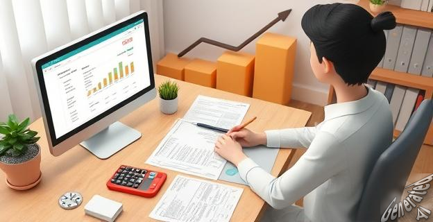 Imagen de una persona sentada en una mesa con papeles y una calculadora, rodeada de documentos financieros y una pantalla de ordenador mostrando una declaración de la renta. Al fondo, un gráfico de barras mostrando ahorros y deducciones.
