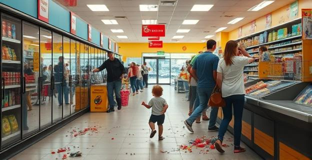 Un supermercado con una escena de confusión y violencia en la zona de cajas, con objetos tirados en el suelo y gente alrededor intentando detener a un niño pequeño que corre hacia la calle.