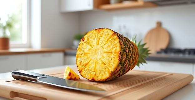 Imagen de una piña cortada en gajos perfectos sobre una tabla de madera con un cuchillo al lado, en una cocina iluminada