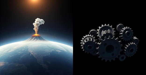 Representación abstracta de la atmósfera terrestre dividida en capas, con una capa estratosférica resaltada donde diminutas partículas se dispersan de forma irregular. Flechas de luz solar inciden sobre estas partículas, algunas siendo reflejadas y otras atravesando. A un lado, una representación estilizada de un volcán en erupción liberando una pluma de humo y aerosoles. En el otro lado, una serie de engranajes desalineados y piezas que no encajan, simbolizando la falta de coordinación y las dificultades logísticas.