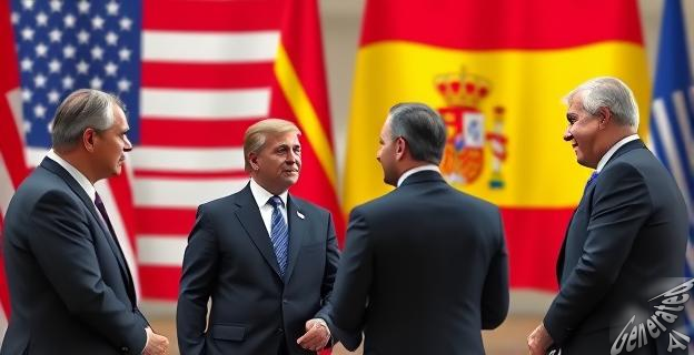 Imagen de una reunión de líderes políticos con banderas de EEUU y España en el fondo, reflejando tensión diplomática.