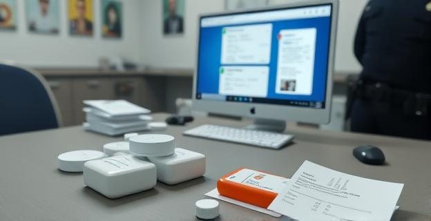 Imagen de un operativo policial con medicamentos y documentación falsa en una mesa de registro, con un ordenador mostrando una pantalla de una aplicación de mensajería y redes sociales.
