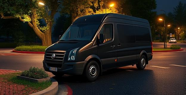 Imagen de una furgoneta negra con el frontal dañado sobre un bordillo, con restos de árboles y césped esparcidos alrededor, en una glorieta iluminada por luces de calle durante la noche