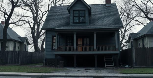 Un chalet en un barrio tranquilo con una atmósfera oscura y siniestra en el interior, mostrando un sótano oscuro y sucio donde se aprecian objetos de castigo y humillación.