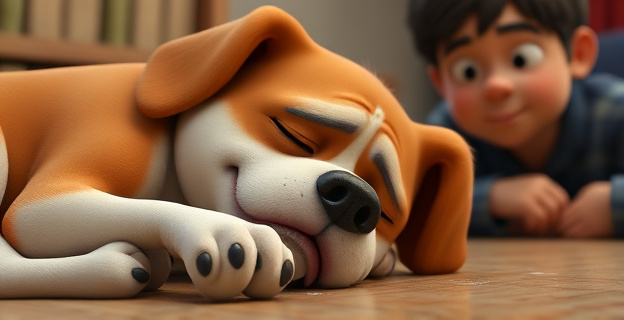 Un perro durmiendo con expresiones de angustia y movimientos de patas, mientras su dueño lo observa con preocupación.