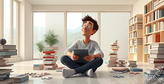 Persona sentada sola en una habitación grande y minimalista, rodeada de libros y rompecabezas, con una expresión de relajación y concentración. Al fondo, una ventana con vista a un paisaje natural.